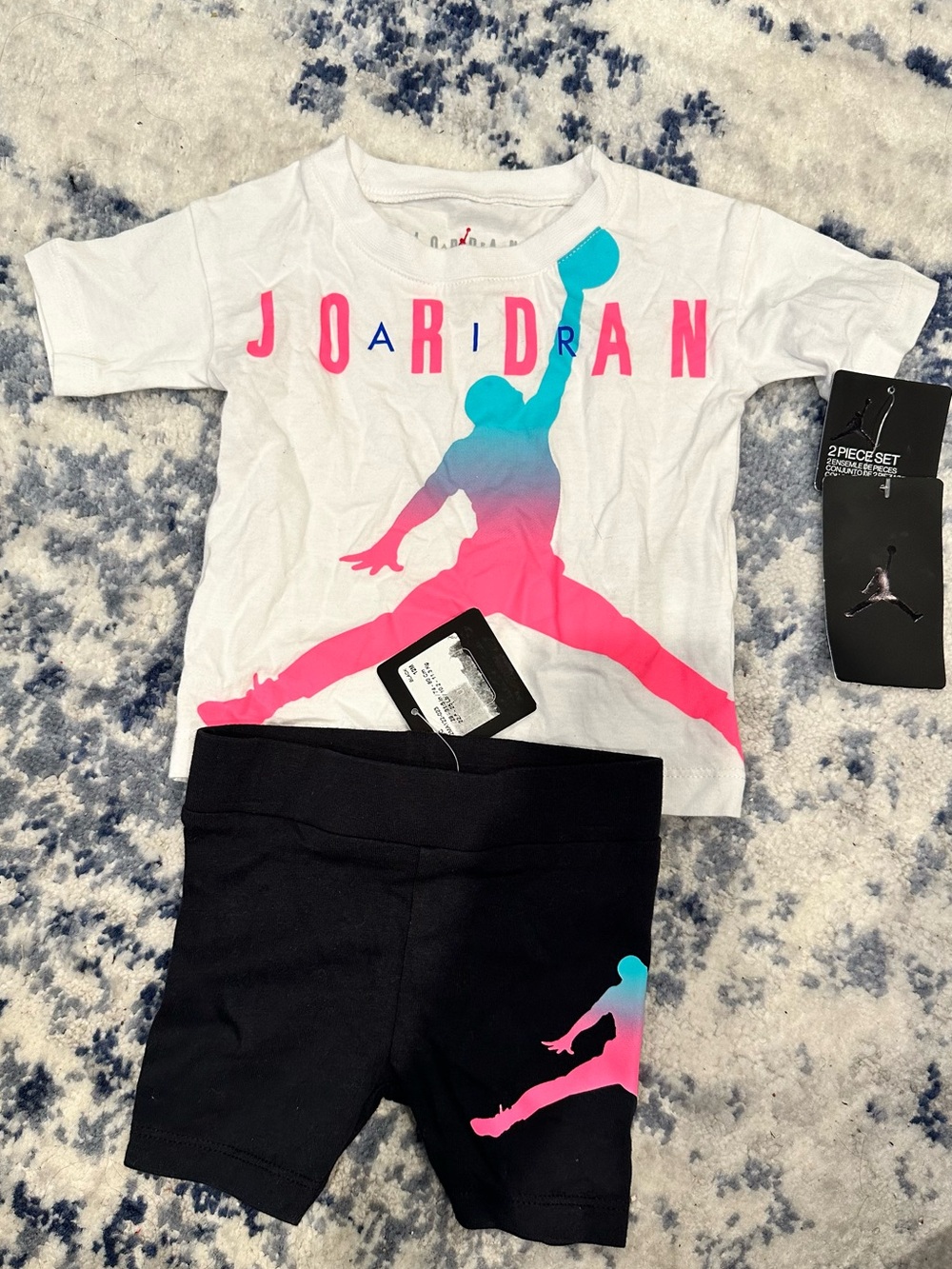 Girl’s Infant Jordan Tee with Pink and Turquoise Blue Jumpman & Black Shorts